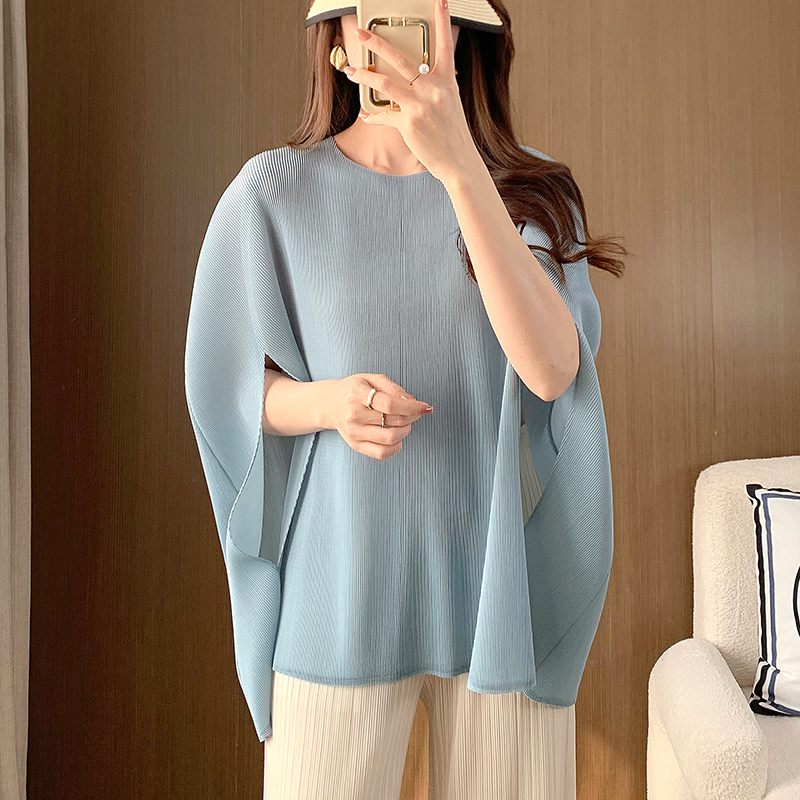 Miyake-Top plisado holgado con manga de murciélago para mujer, Top de Color sólido, capa de , ropa informal de otoño para mujer: Beige