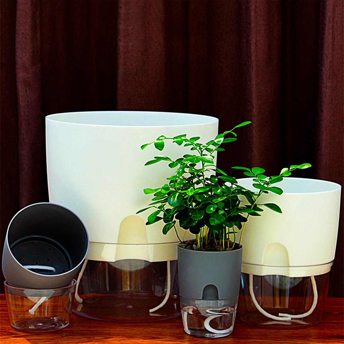 2 Layer Watering Planter Lazy Self Watering Pot Automatic Succulent Container for Flower Plant Indoor Supplies White Gray