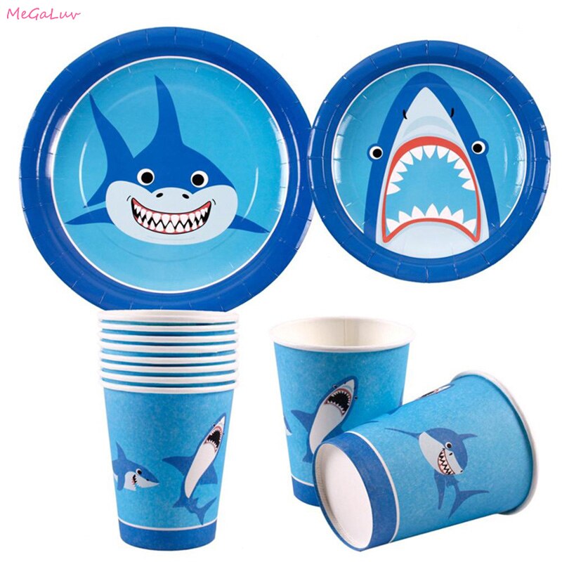 Ocean Shark Disposable Tableware Animal Pattern Paper Plates Cups Hanging Banners Ornaments Kids Birthday Party Supplies