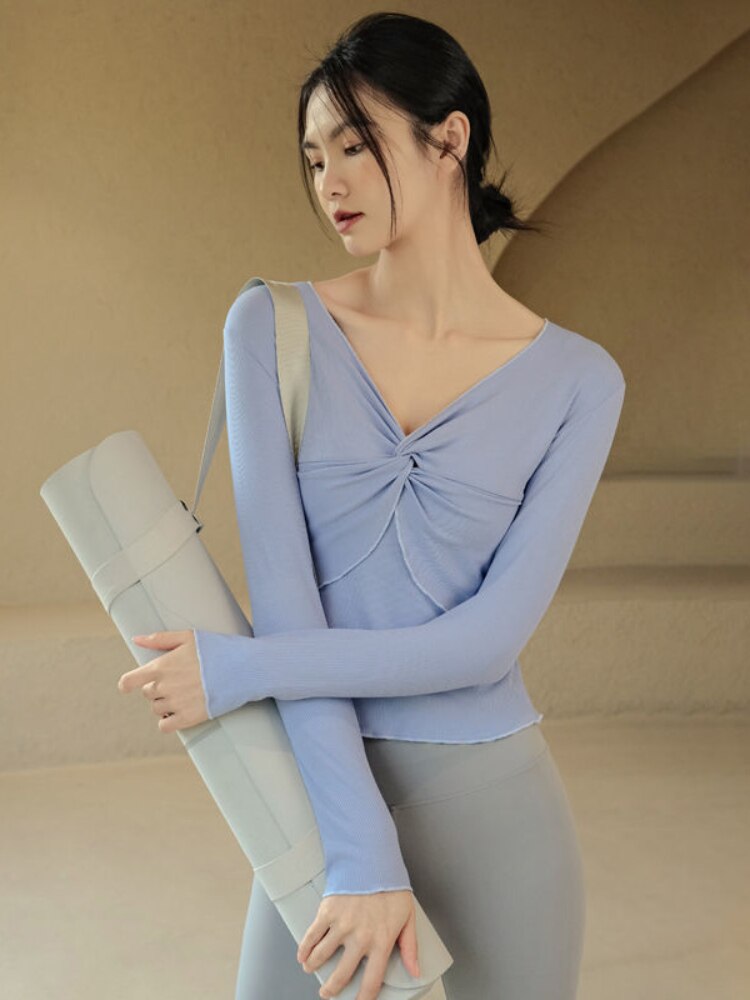 Badypczd yoga-kleidung herbst-fitness-tops für fitnessstudio und sport, tanztraining, langärmlige, figurbetonte fitness-t-shirts mit v-ausschnitt, lauf- und trainingsshirts: Blau / S