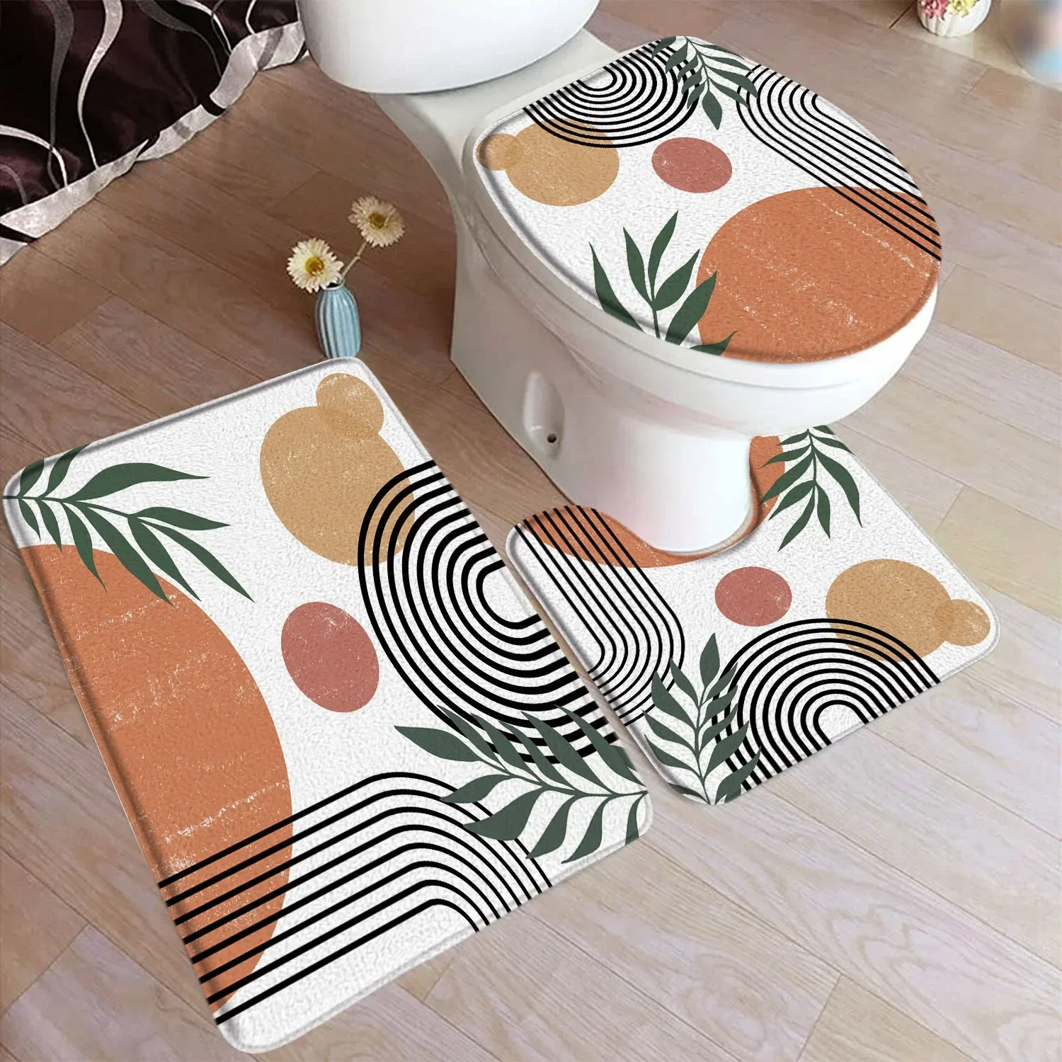 Abstrakt bademattesett fra midten av århundret svart linje grønt blad moderne geometrisk boho hjem teppe baderomsinnredning gulvtepper toaletttrekk: Hvit