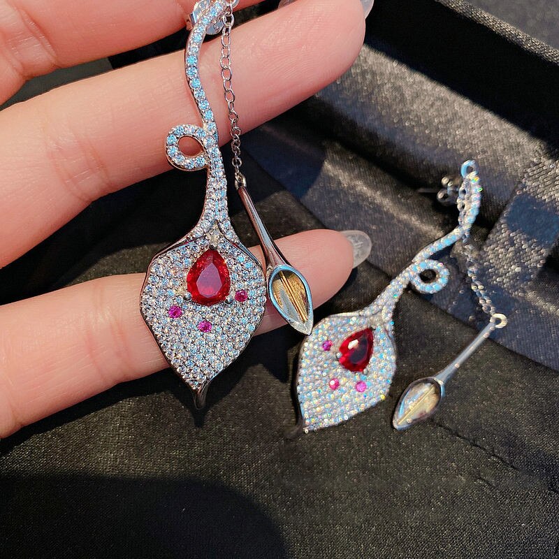 2 Stck Silber Farbe Schmuck setzt Calla lilie Blume ohrringe für frauen verrotten Wasser tropfen schneiden halsketten Silber Farbe setzt