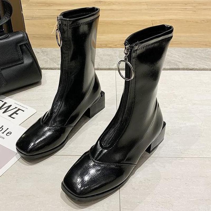 Ins dames enkellaarsjes outdoor laarzen dames enkellaarsjes metalen hak lakleer rits schoenen dames casual