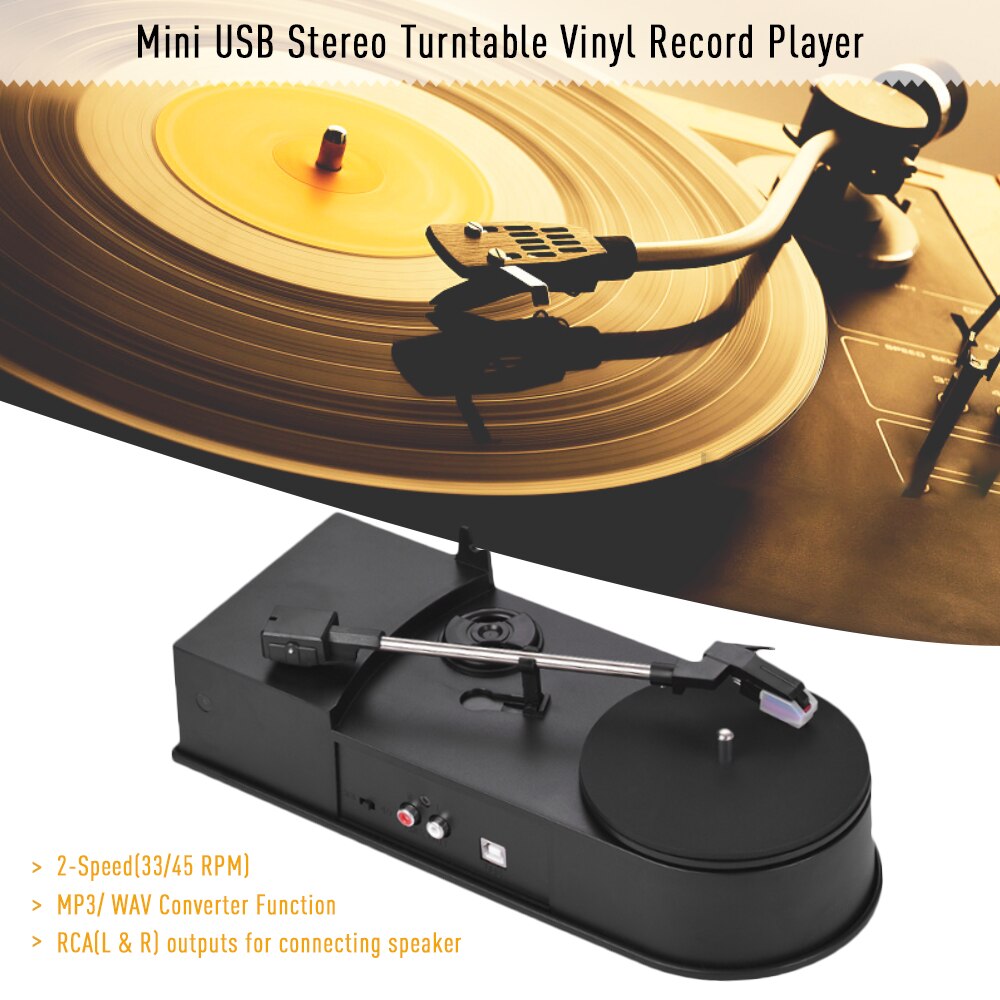 Mini USB Stereo Turntable Vinyl Record Player 2-Speed(33/45 RPM) MP3/ WAV Converter Function with RCA Outputs