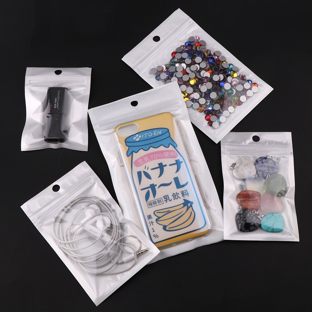 5 størrelse hvit/klar selvforseglet glidelås plast detaljemballasje pakke poly bag ziplock zip lock oppbevaringspose pakke med hengehull