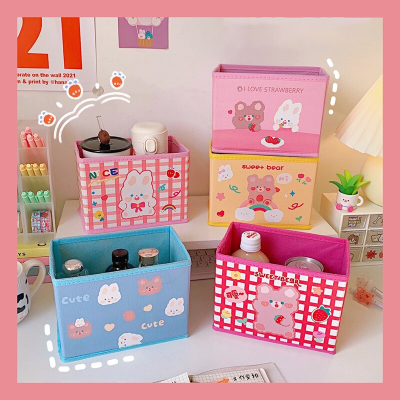 Cesta de almacenamiento de oso no tejido para niños, organizador de escritorio, caja de almacenamiento de artículos diversos, cestas plegables, soporte para papelería de oficina