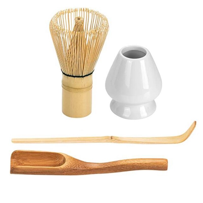 Japanese Matcha Tea Set - Matcha Whisk, Traditional Bamboo Scoop (Chashaku) and Tea Spoon, Ceramic Whisk Holder: Deep Green