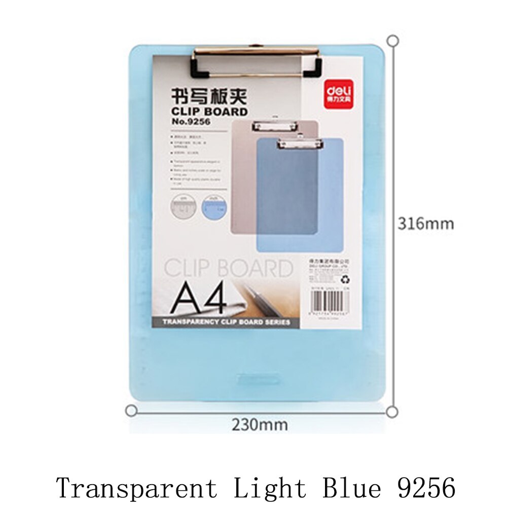 Deli A4 Map Schrijfbord Klem Pad Plaat Clip Kartonnen Student Test Papier Multifunctionele Opknoping Workshop Kantoorbenodigdheden: Transparent Blue