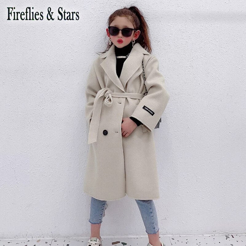 Herfst Winter Meisjes Blends Baby X Lange Jas Kinderen Uitloper Kinderen Kleding Sleeveband Dubbele Geconfronteerd Fleece Beige 3 Om 14 jr: 4T