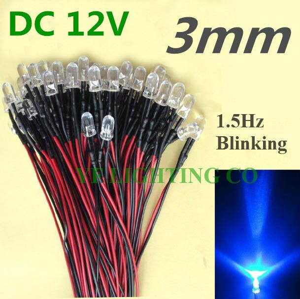3mm Prewired LED High bright White 20cm 12V Pre Wire 1.5Hz Blinking indicator leds