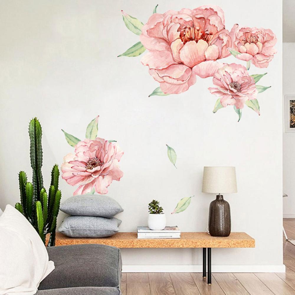 Plante verte autocollant Mural bricolage pivoine Rose fleurs plage feuilles de palmier tropicales Stickers muraux Art moderne vinyle décalcomanie murale