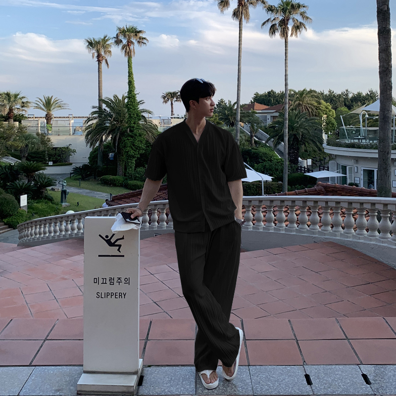 Costumes d'été amples en soie glacée pour hommes, décontractée, col en v, T-shirt à manches courtes et pantalon drapé, ensembles deux pièces, vêtements pour hommes