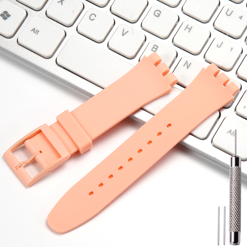Correa de reloj de silicona de 17 19 y 20mm adecuada para correa de reloj SWATCH, correa de repuesto suave para mujeres y niños, pulsera impermeable con herramienta: Rosa fuerte / 19mm