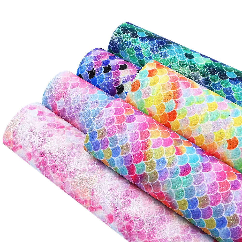 6 st 20*34cm sjöjungfrumönster tryckta glitter syntetiskt läder set, handgjorda material för att göra projekt ,1 yc 5869