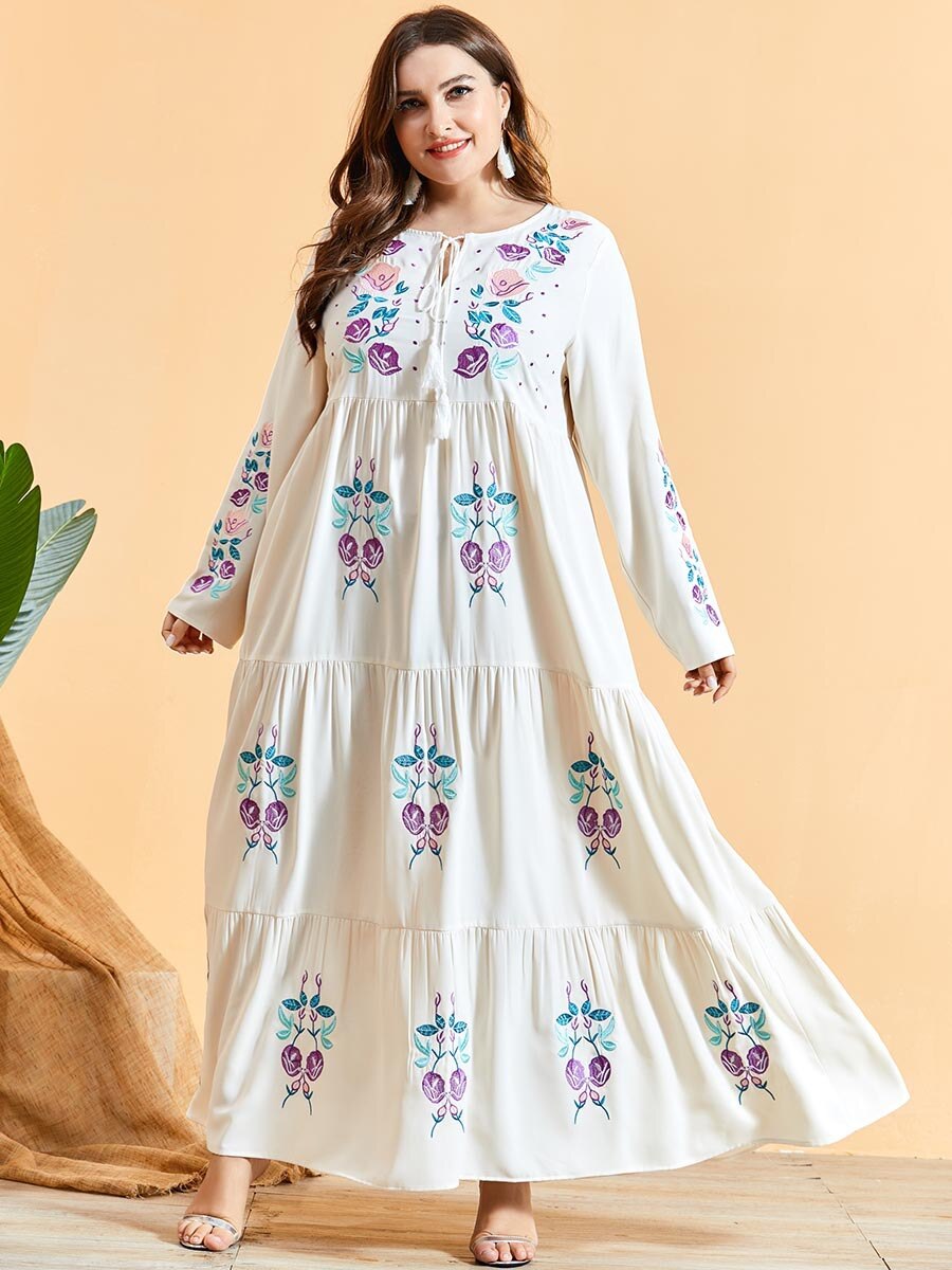 Herfst Winter Jurk Plus Size Vrouwen Lange Mouwen Borduren Bloemen Elegante Jurk Losse Oversized Maxi Lange Moslim Jurk: Beige / XL