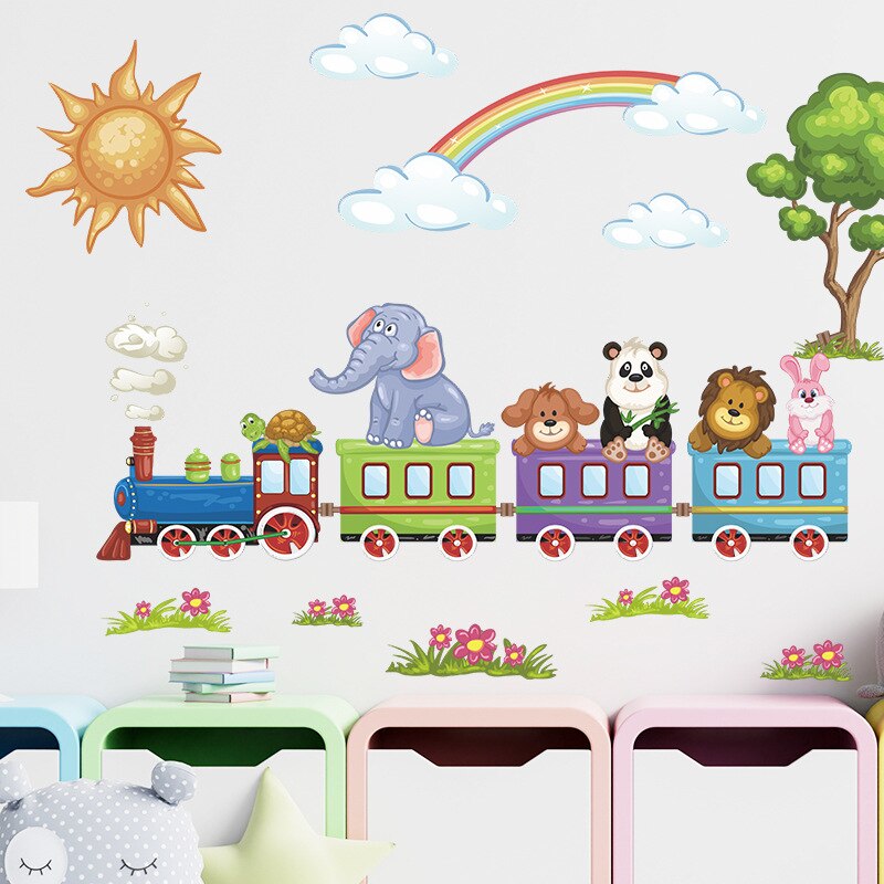 Cartoon Train Cute Animals Removable Wall Stickers Home Decor Art Decals for Nursery Kids Bedroom Baby Bathroom Wallpaper