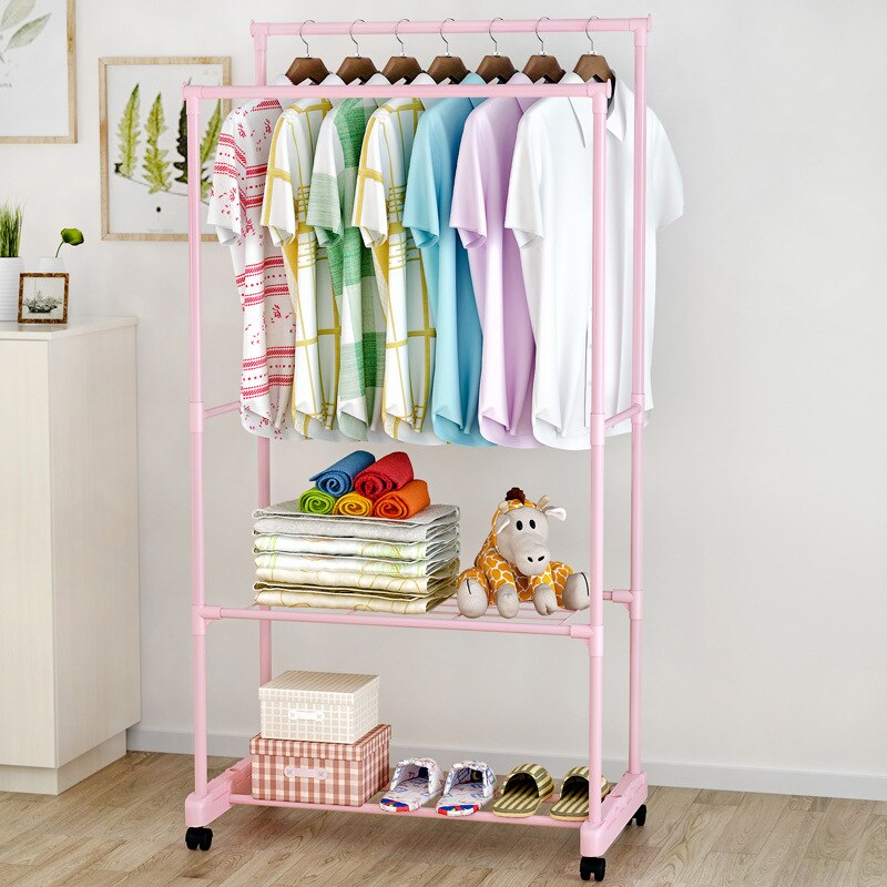 Mrosaa Stainless Steel Drying Racks Balcony Double Pole Floor Drying Home Living Room Bedroom Hangers Coat Rack Clothes Rod: Pink