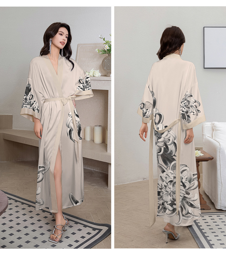 Peignoir kimono à manches mi-longues de style japonais pour femmes, robe longue femme, chemise de nuit, vêtements de nuit, satin imprimé fleuri, robe en span pour la maison: YELLOW