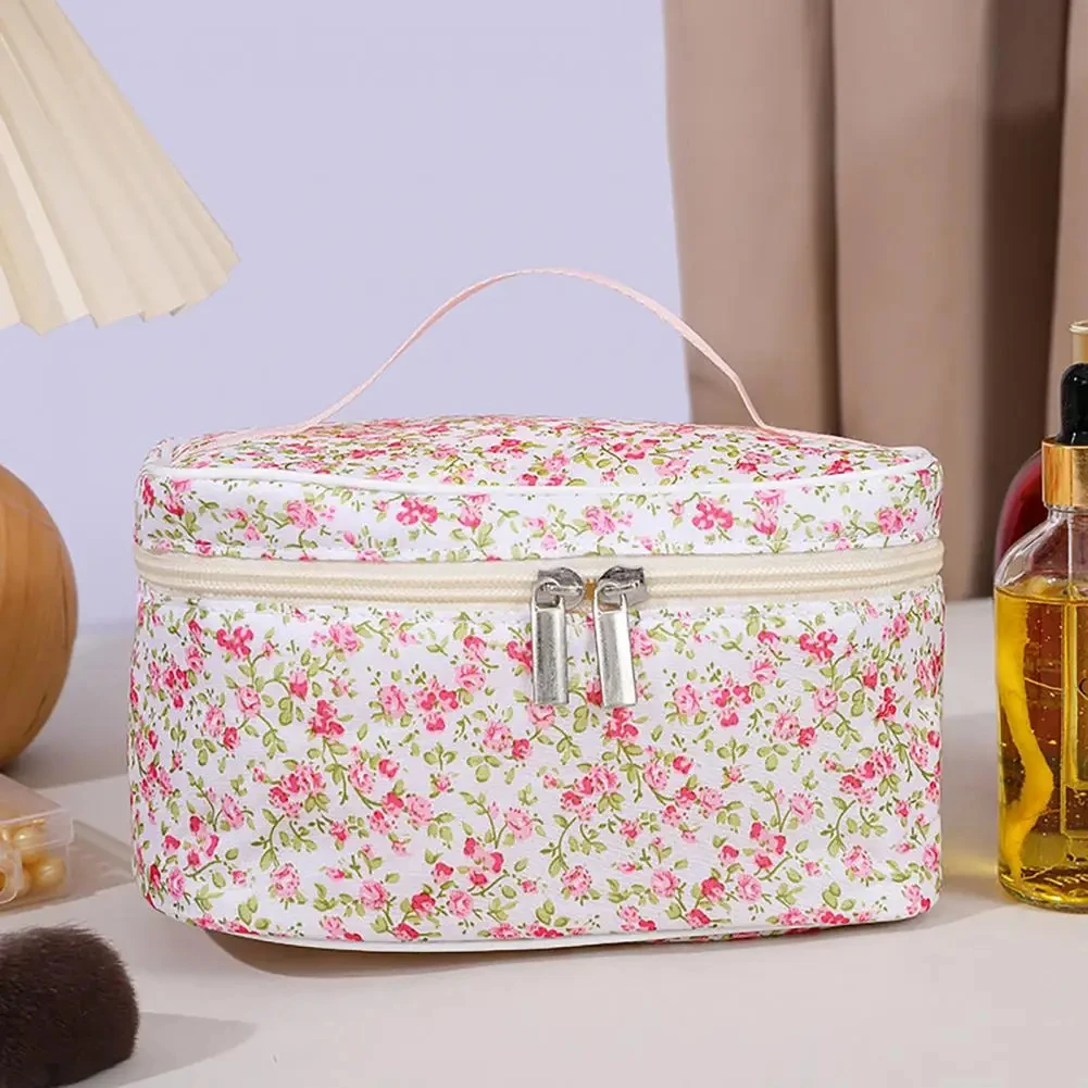 Katoenen cosmetisch zakje Cosmetische tas met bloemmotief Capaciteit Make-up organizer met dubbele ritssluiting Draagbare reisopslag Waszak