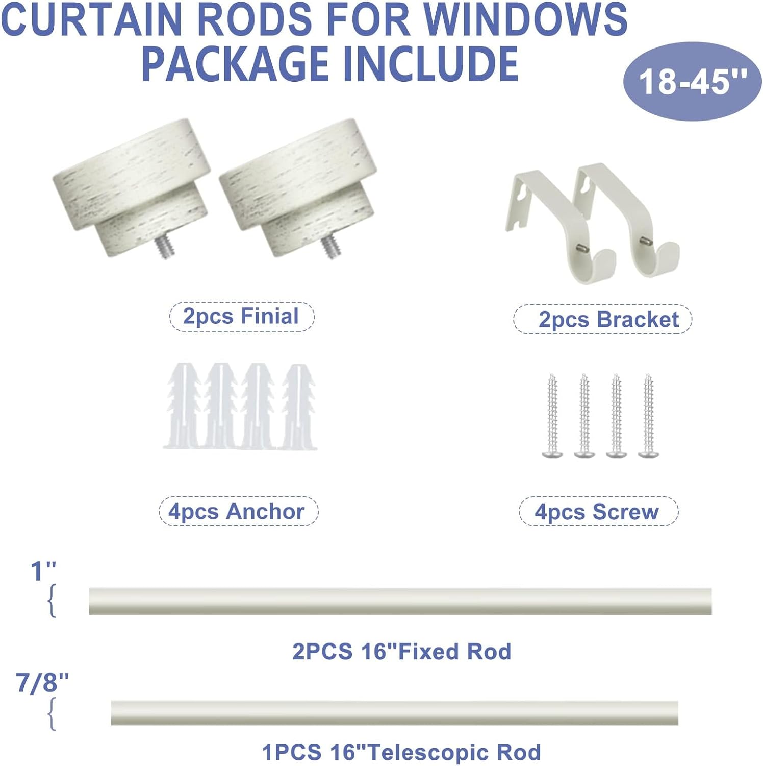 Antique White Curtain Rods for Windows ，1 Inch Telescopic Rod ,Netted Texture Finials Drapery Rods,Bathroom Shower Curtain Rods