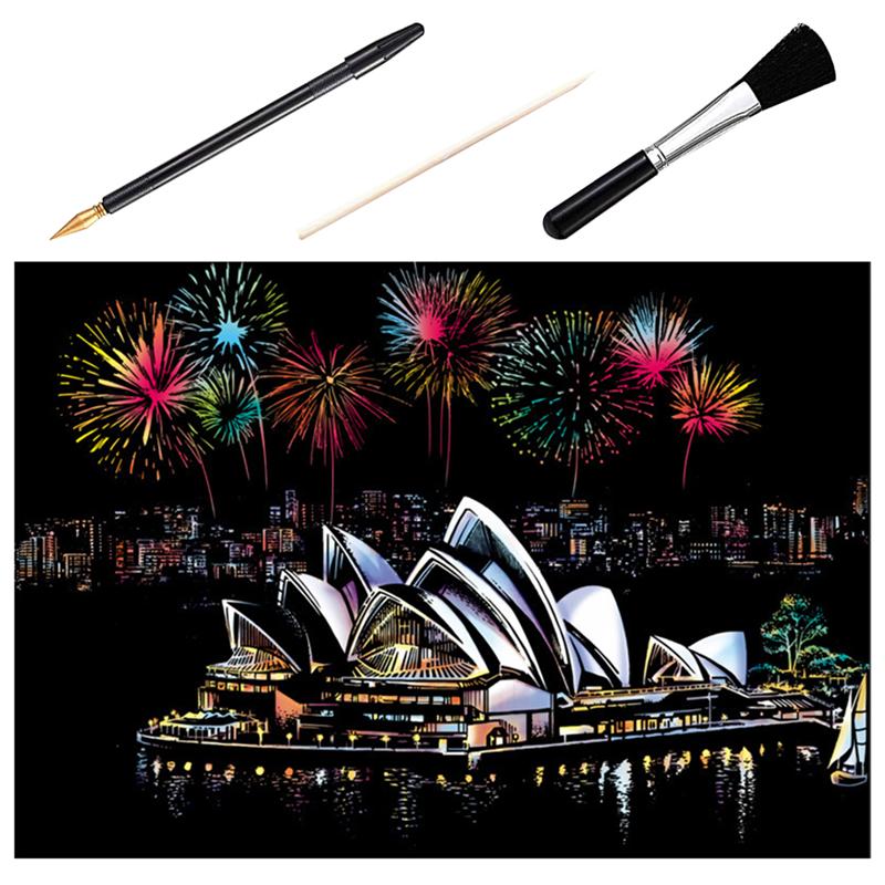 1 Set Dazzling City Night Scene Scratch Painting DIY Scratching Drawing Handmade Scratching Drawing Decompression Tool Diy Craft