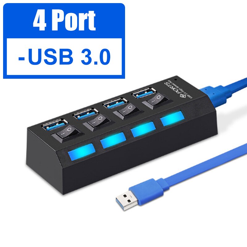 YTOM HUB USB 3,0 de 2,0 HUB Splitter USB Multi 4/7 expansor de Puerto múltiples USB 3 Hab uso adaptador de alimentación de USB3.0 con interruptor para PC: 4 port 3.0