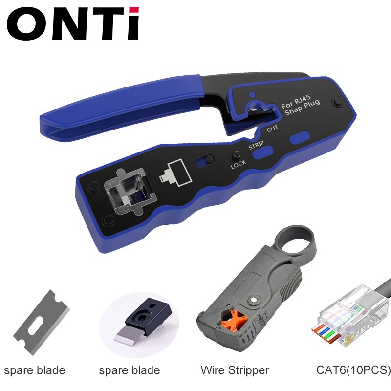 Connecteur ONTi RJ45 Cat7/6/6A/5E, outil de sertissage RJ45 passant à sertir avec lame de rechange dénudeur de câble Ethernet: Bleu