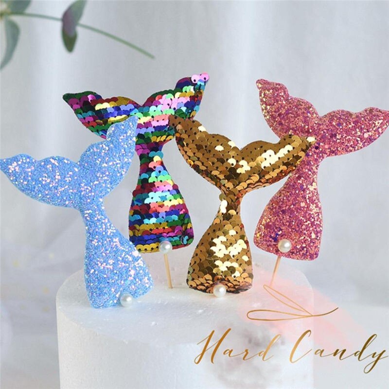 Sequins Happy Birthday Cake Topper Mermaid Tail Cake Topper Decoration For Kids' Birthday Party Wedding Cupcake Decor