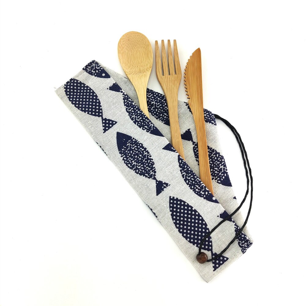 Bamboo Portable Reusable Utensils With Nylon Toothbrush Bamboo Case Travel Cutlery Set Camping Utensils Fork Spoon Knife Set