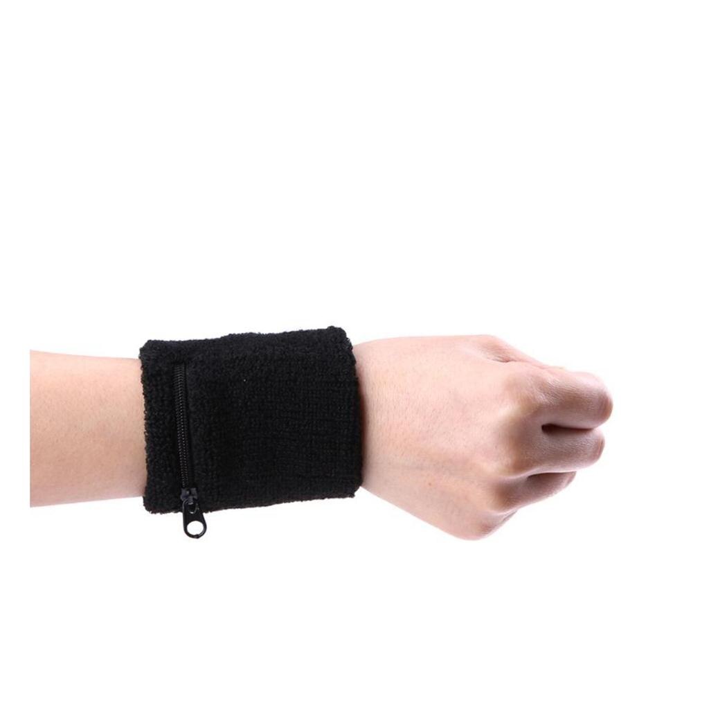 2 Stuks Sport Polsbandjes Zweetband Portemonnee Rits Pocket-Zwart