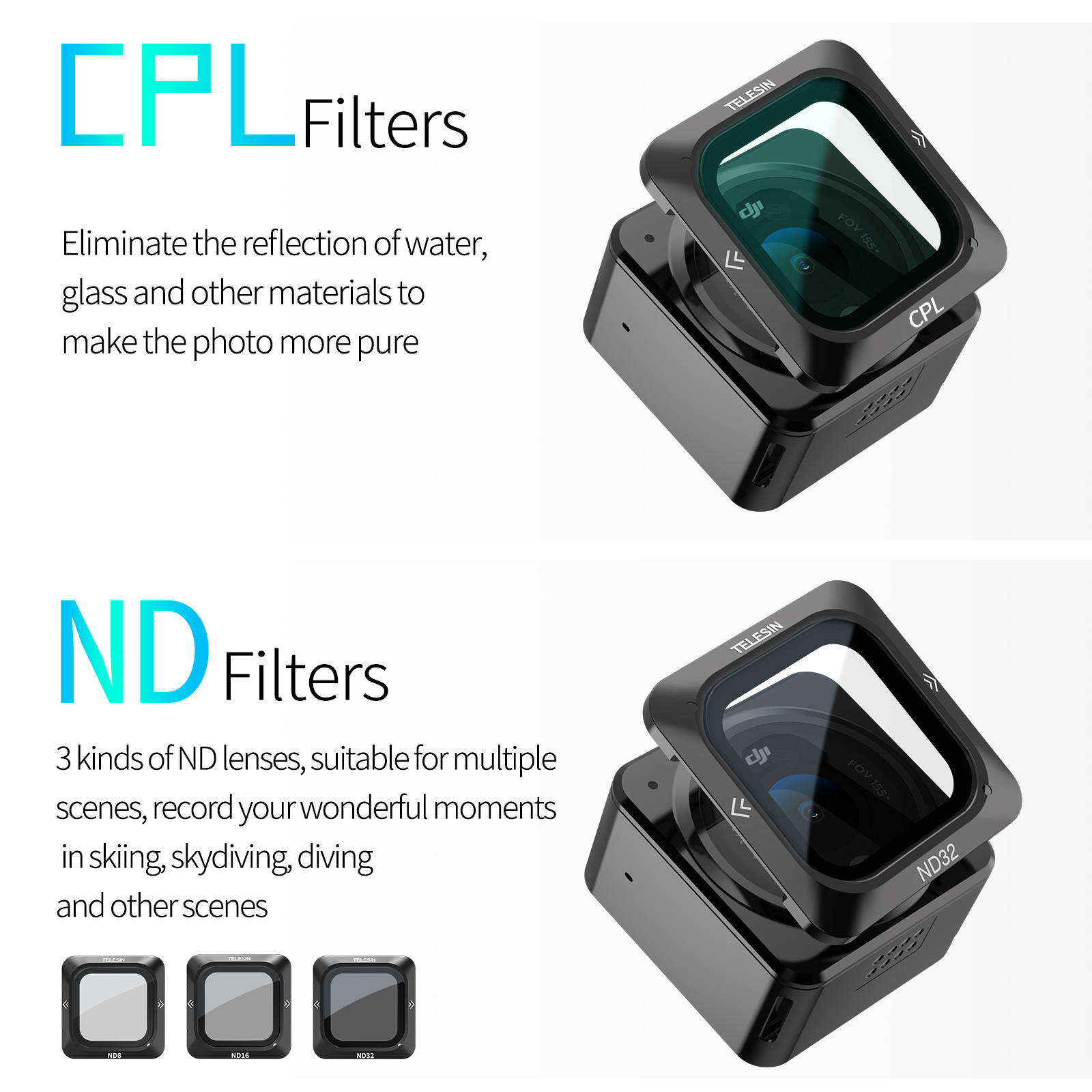 TELESIN-Juego de filtros de lentes ND CPL magnético para cámara DJI Action 2, ND8, ND16, ND32, accesorios de filtro de lentes, marco de aleación de aluminio