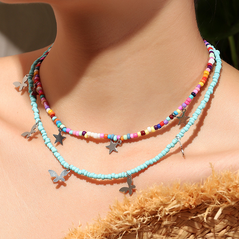 Bohemian Multilayer Zaad Kraal Ster Maan Vlinder Hanger Ketting Voor Vrouwen Mode Strand Eenvoudige Lock Choker Kraag