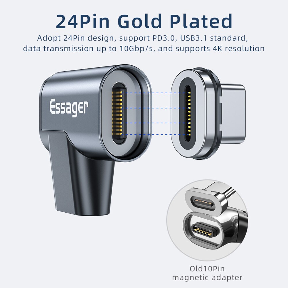 Essager magnetyczny Adapter USB C 24Pin USB 3.1 typ C męski na żeński PD 100W szybkie ładowanie 10 gb/s kabel do transmisji danych 4K dla MacBook Pro powietrza