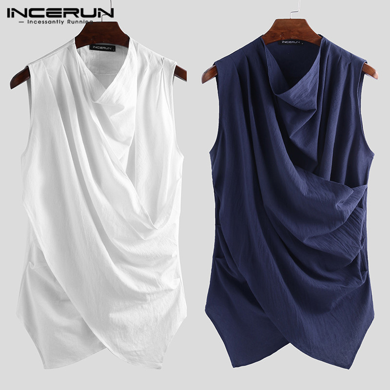 Mannen Mode Pure Kleur Crew Casual Tank Tops Retro Baggy Comfort Katoen Zomer Heren Mouwloos Onregelmatige Tops Streetwear Incerun