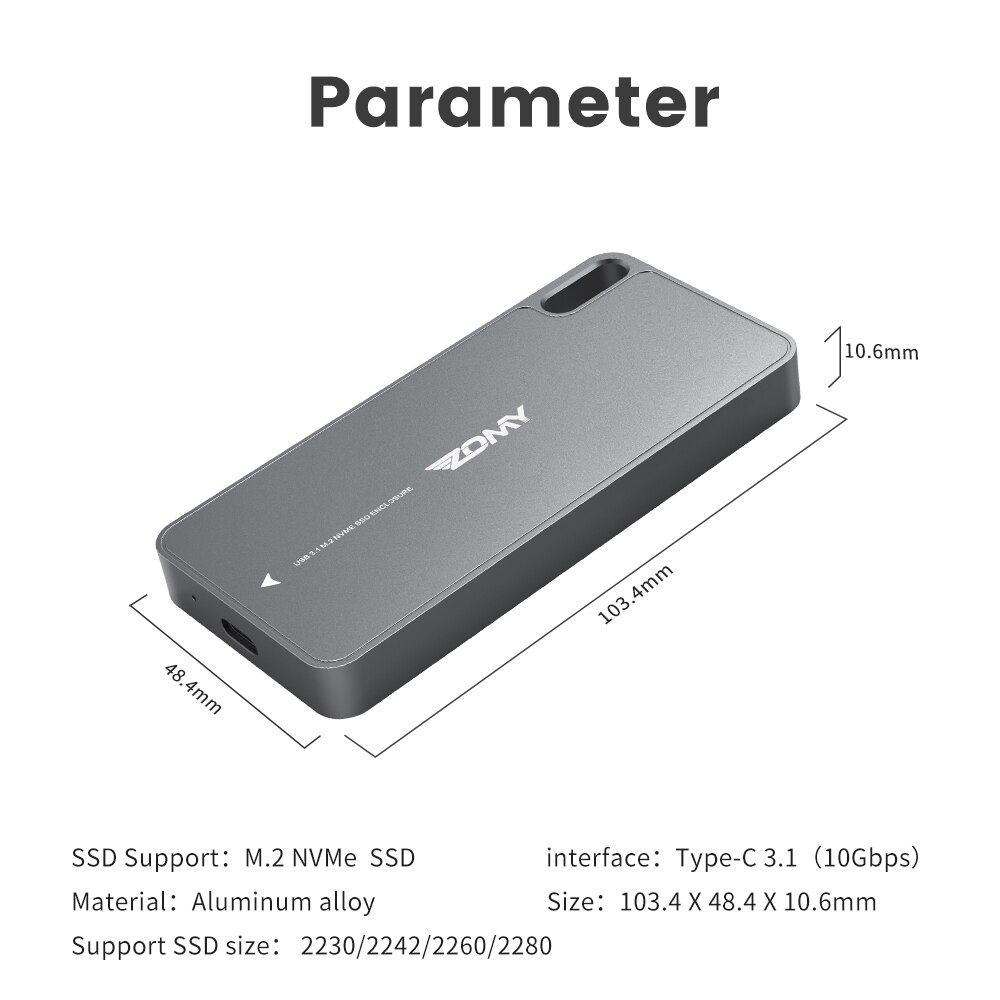 Zomy M.2 NVMe To USB 3.1 Solid State State Enclosure Hard Disk Box SSD Case Type-C Interface 10Gbps For 2230/2242/2260/2280