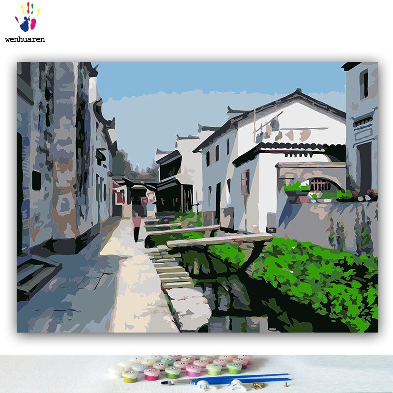 Bricolage colorations photos par numéros avec des couleurs Jiangnan eau ville style chinois image dessin peinture par numéros encadré maison: 7558 / 40x50 no frame