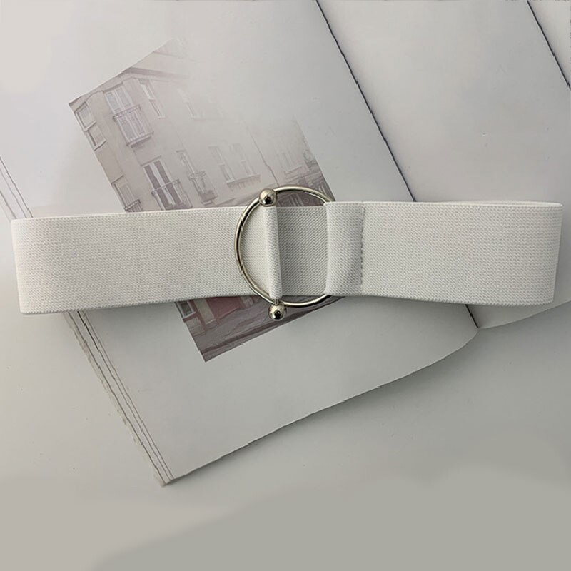 Brede elastische damesriem met effen kleur, accessoires voor jurkriemen, rekbare ronde metalen gespen, dames taillebandaccessoires: Wit