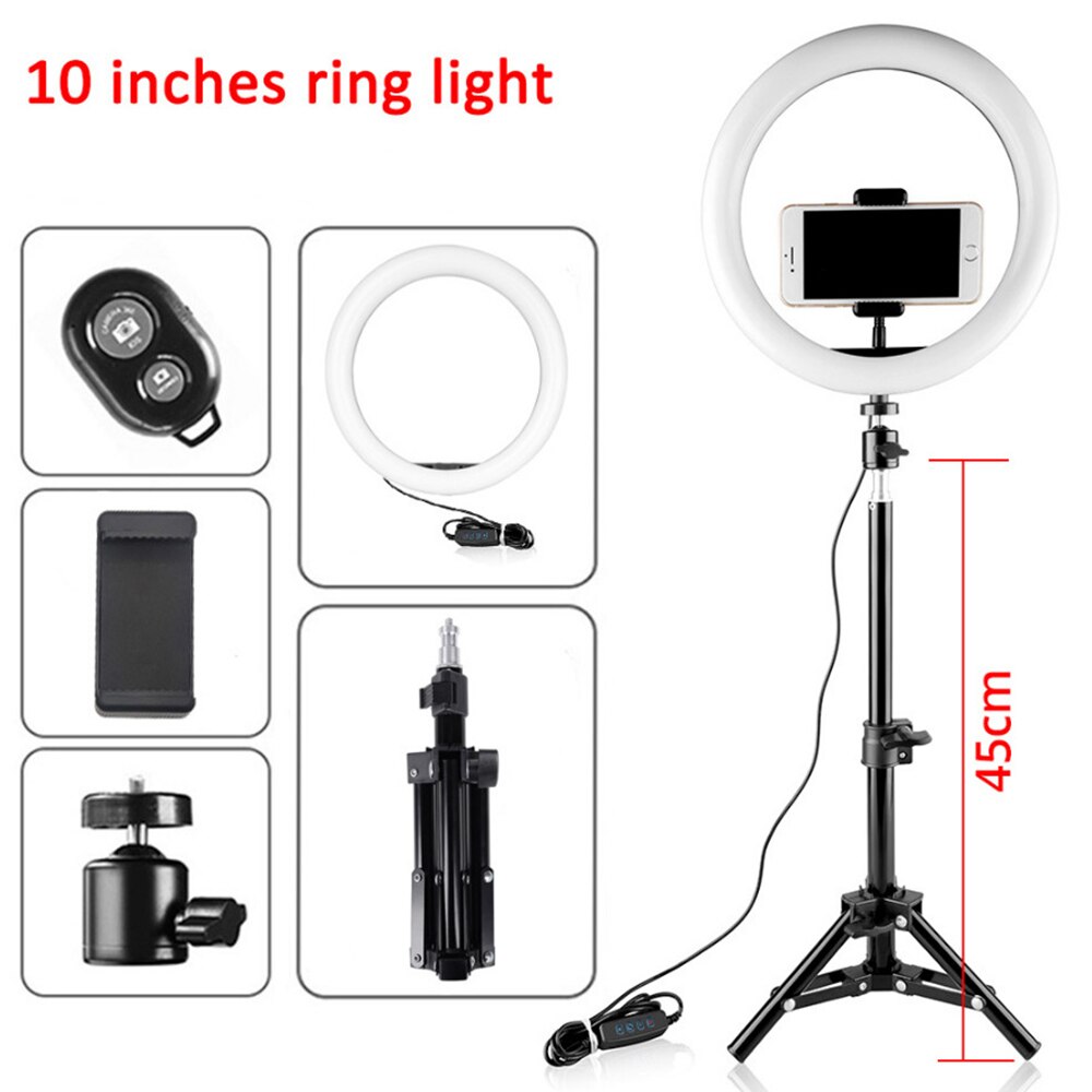 6/8/10inch Mini LED Video Ring Light Lamp Dimmable 3 Lighting Modes USB w/ Tripod Stand Remote Shutter for Network Selfie Makeup: 10inch