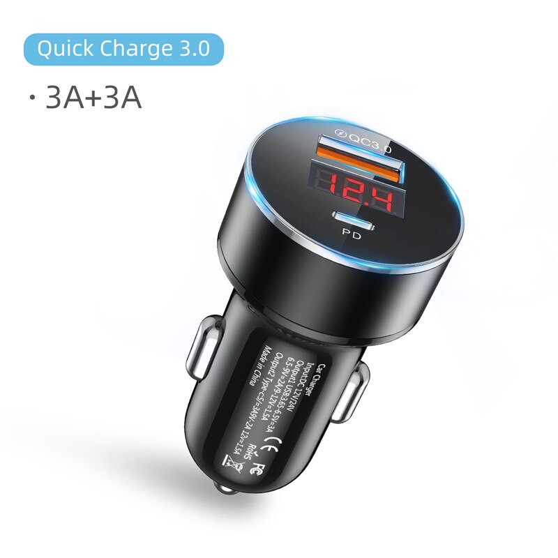 36W 6A QC3.0 PD Car Charger With LED Display Universal Mobile Phone Car-Charger For Xiaomi For Honor For iPhone 12Pro Tablet: Black