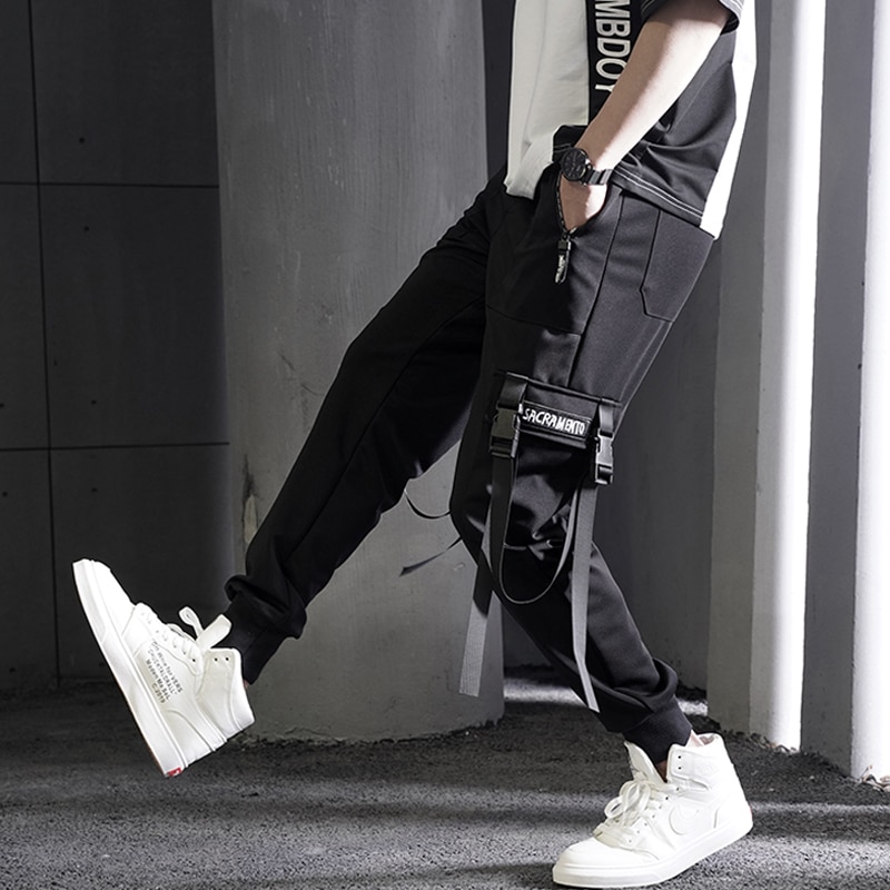 Ropa de calle , pantalones para hombre, pantalones de harén Cargo con múltiples bolsillos, pantalones casuales de Hip Hop, pantalones para correr negros, pantalones hasta el tobillo Harajuku para hombre