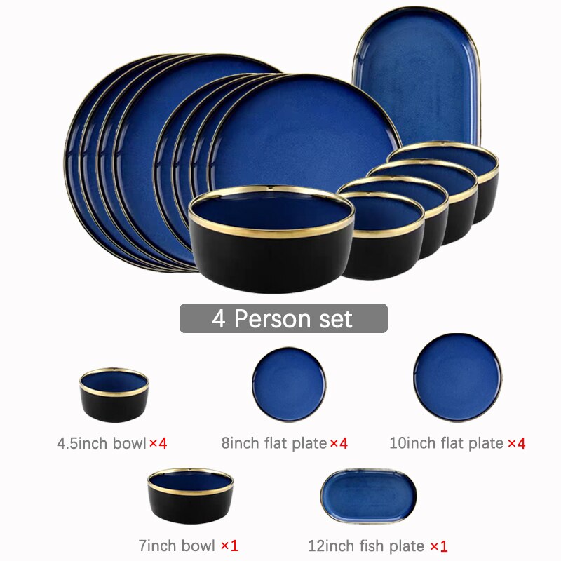 Service de vaisselle en céramique bleue, vaisselle de luxe, bordure dorée, porcelaine, assiettes, salade, nouilles, bol pour Restaurant