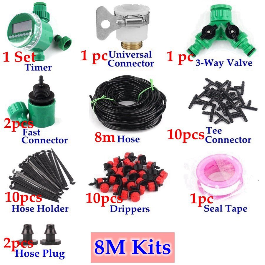 Sistema de riego por goteo con Control de temporizador DIY de 8 ~ 40m, Kit de riego automático, goteros ajustables, sistema de riego de flor de jardín de casa: 8m Kit