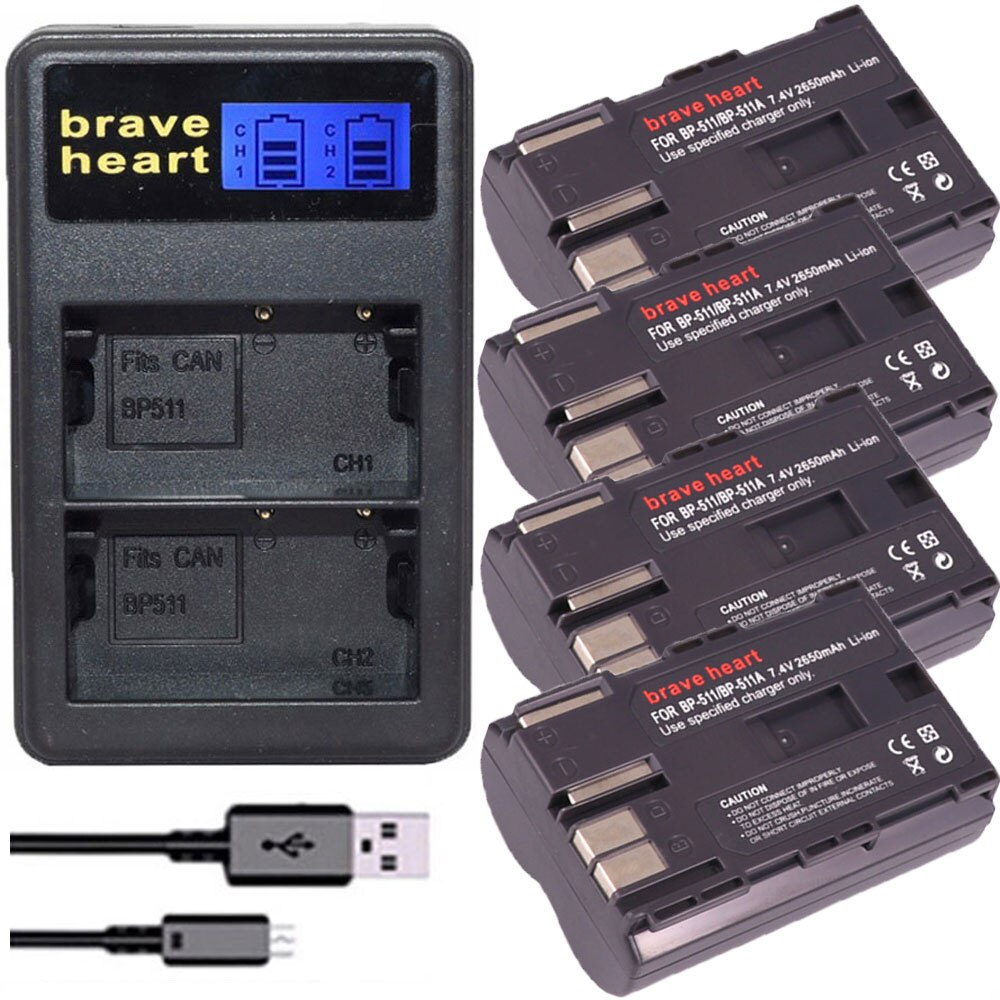 4 pièces 7.4v 2650mah BP-511A BP-511 BP 511 511A BP511 BP511A batterie pour Canon EOS 40D 300D 5D 20D 30D 50D caméra