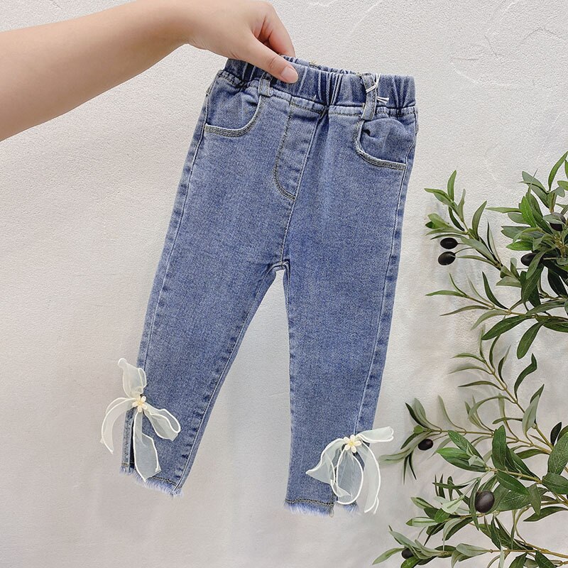 Spring Autumn Kids Girls Jeans Children Girls Pants Denim Trousers Bowknot Bottoms Girls Jeans Clothes 2 4 5 6 7 8 9Year: 24M