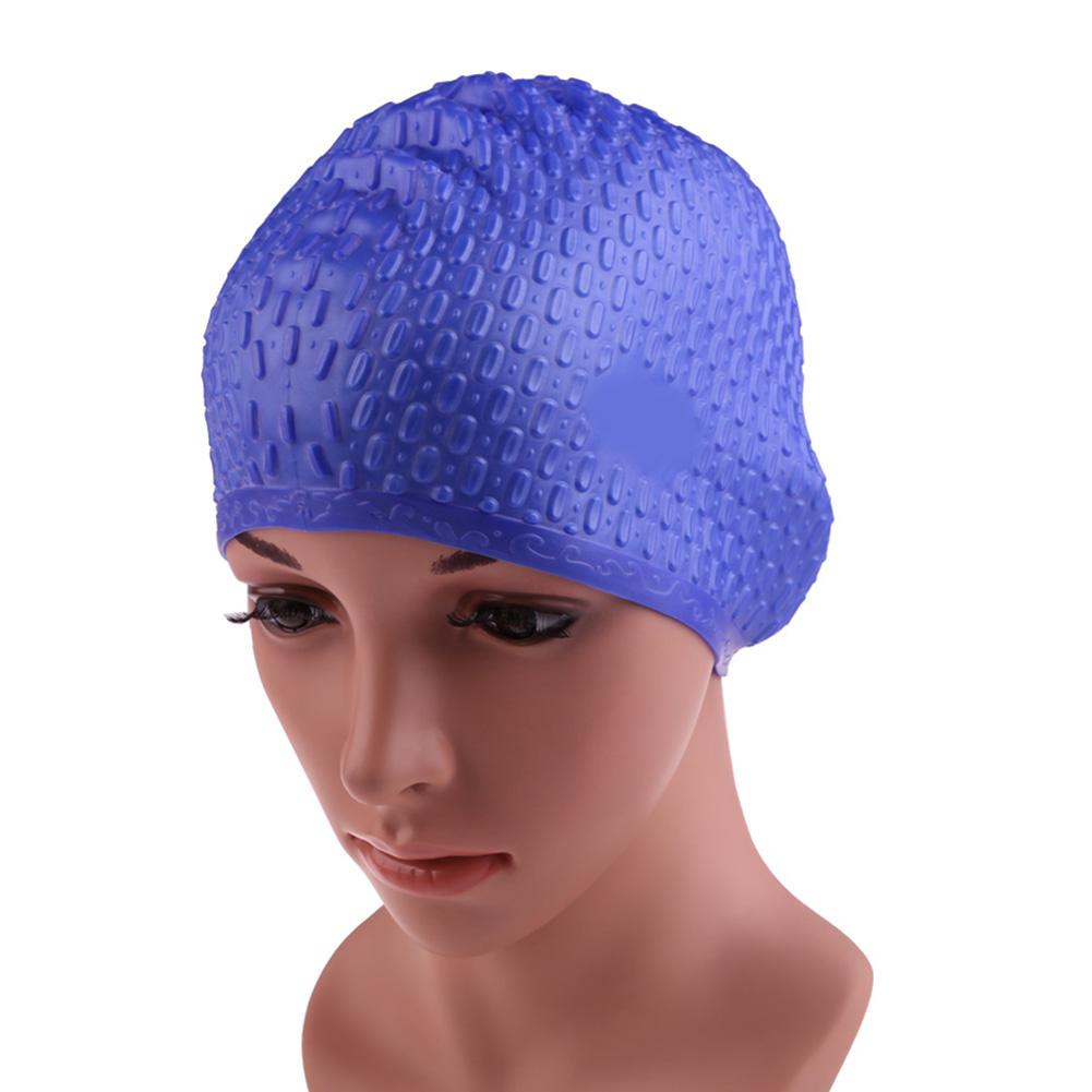 Vandtæt svømmedæksel silikone vandtæppe flerfarvet beskyttende ører langt hår sport svømning pool hat til voksen: Marine blå
