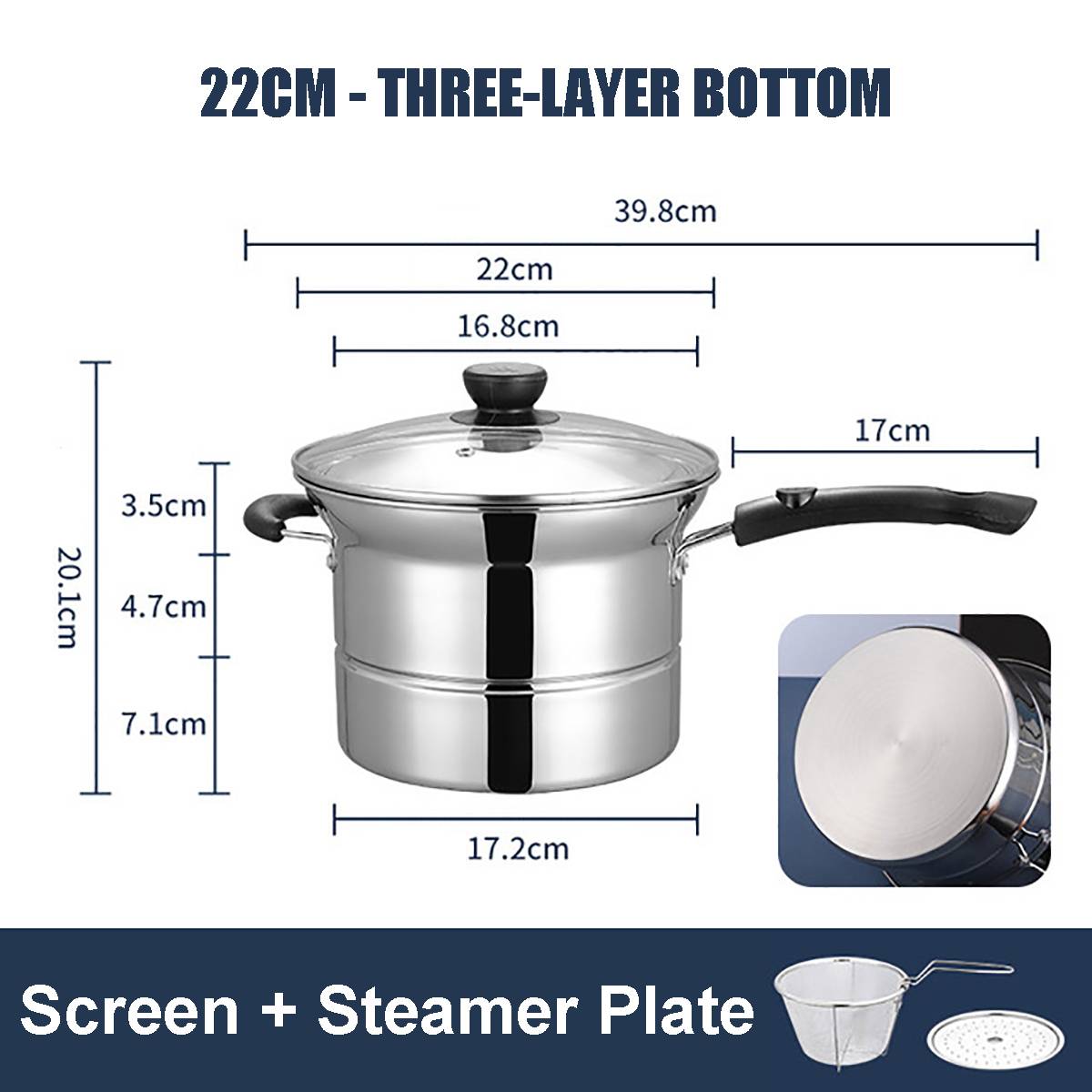 Olla para Pasta, olla para Fideos, sartén para sopa de acero inoxidable, vaporera, placa de inducción para Pasta: 3 Layer bottom