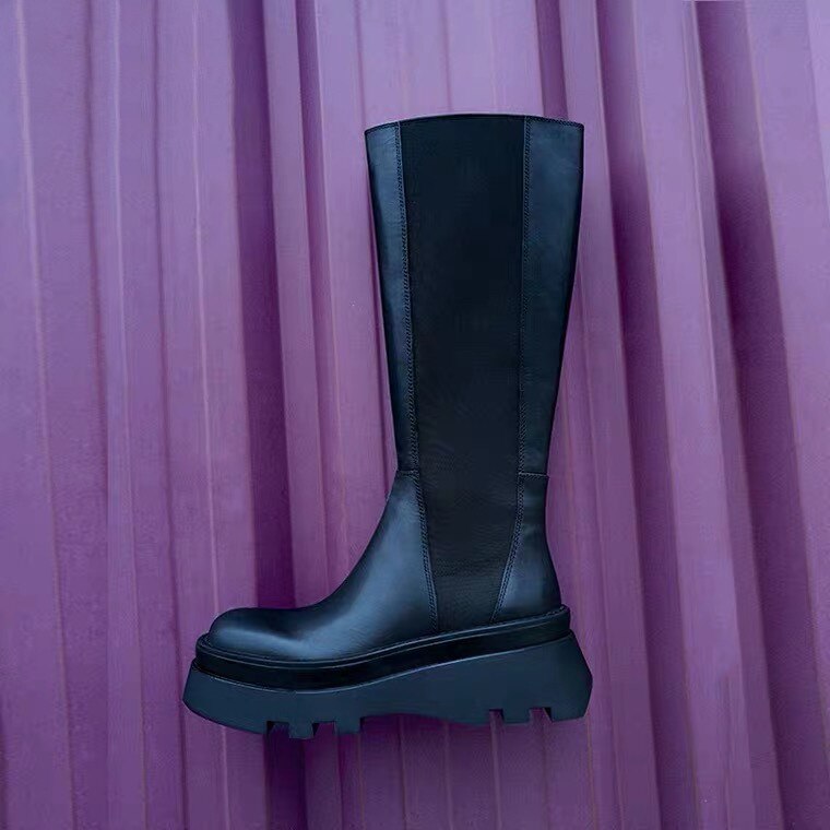 Winter dameslaarzen zwarte gegroefde zool schoorsteenlaarzen platte leren laarzen kniehoge laarzen merk