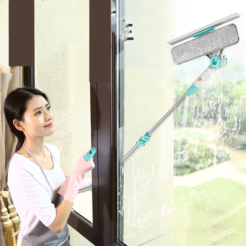 Limpiador de vidrio telescópico para ventana, cabezal de microfibra de 2 trapo, limpiaparabrisas de gran altura para limpieza de polvo y barro, raspador de vidrio giratorio