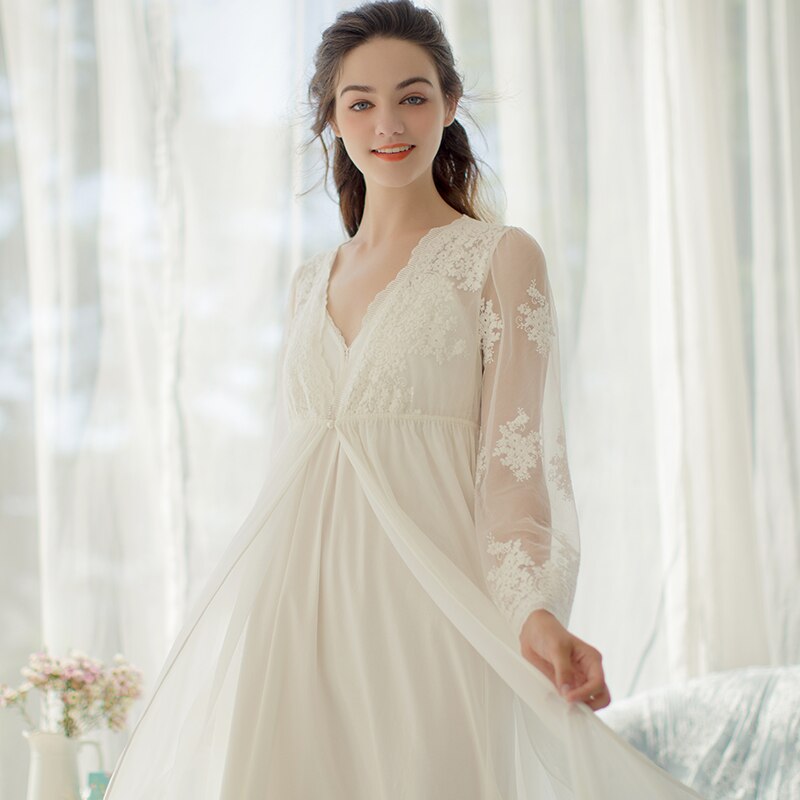 Long Embroidered Robe Lace Robe Fairy Long Robe Lady White Lace Embroide... – Grandado