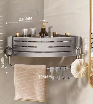 Estante esquinero para baño sin taladro, estantes esquineros para ducha montados en la pared con gancho, barra de toalla, estante organizador de baño de aluminio espacial: Caqui oscuro